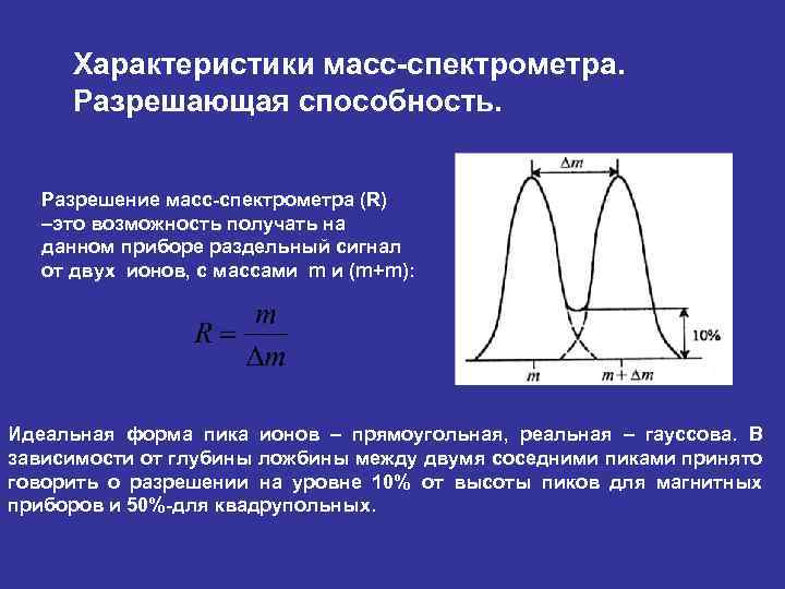 Характеристики масс-спектрометра. Разрешающая способность. Разрешение масс-спектрометра (R) –это возможность получать на данном приборе раздельный