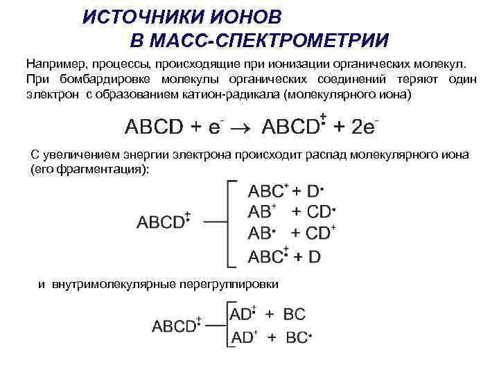 ИСТОЧНИКИ ИОНОВ В МАСС-СПЕКТРОМЕТРИИ Например, процессы, происходящие при ионизации органических молекул. При бомбардировке молекулы