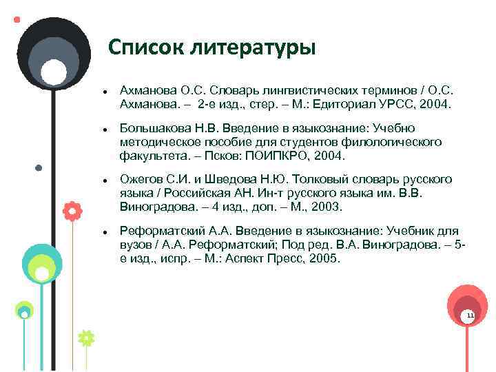 Список литературы Ахманова О. С. Словарь лингвистических терминов / О. С. Ахманова. – 2