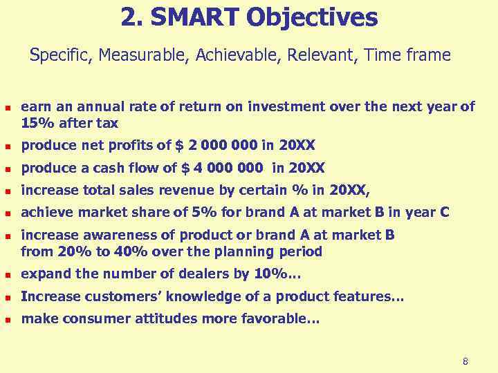 2. SMART Objectives Specific, Measurable, Achievable, Relevant, Time frame n earn an annual rate