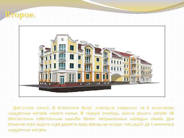 Второе. Доступное жильё. В Казахстане будет ежегодно вводиться по 6 миллионов квадратных метров нового
