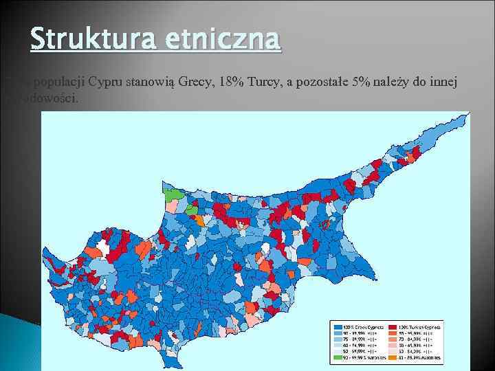 Struktura etniczna 77% populacji Cypru stanowią Grecy, 18% Turcy, a pozostałe 5% należy do