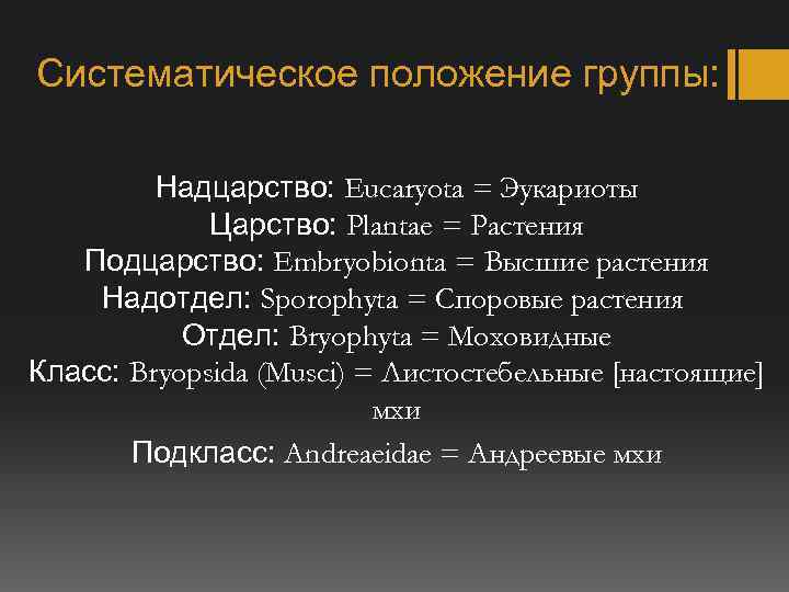 Систематическое положение группы: Надцарство: Eucaryota = Эукариоты Царство: Plantae = Растения Подцарство: Embryobionta =