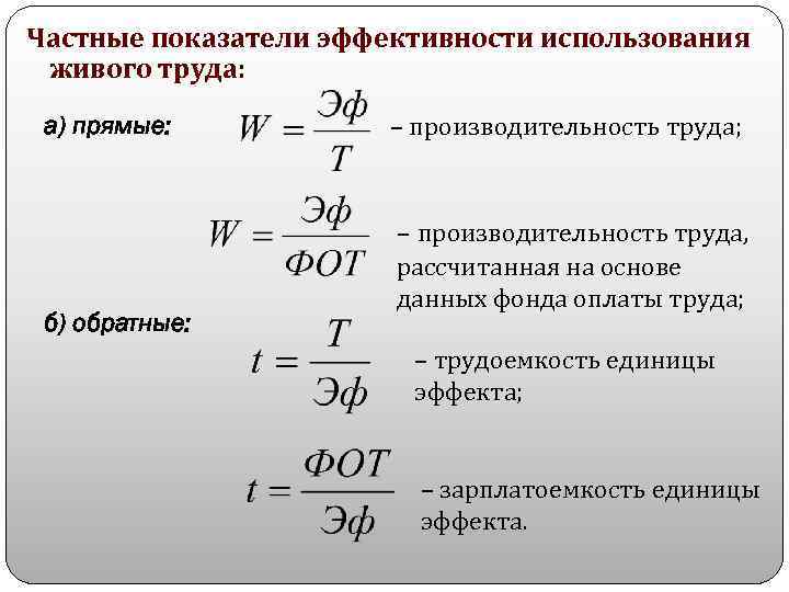 Частные показатели эффективности использования живого труда: а) прямые: б) обратные: – производительность труда; –
