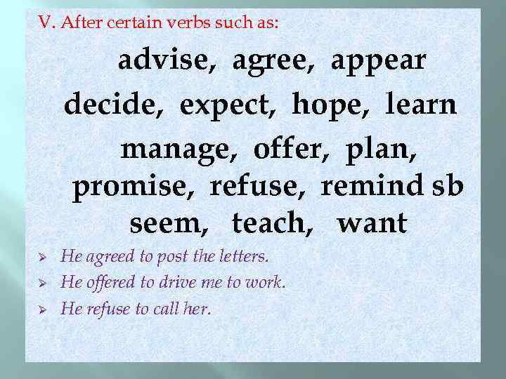 Expect hope. Certain verbs. After certain verbs. After certain verbs decide, appear. Предложения с agree.