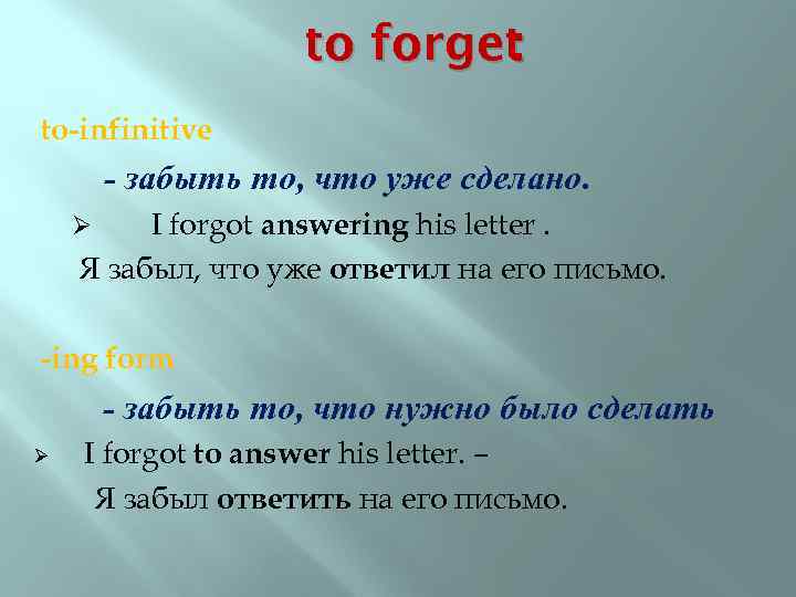 to forget : to-infinitive - забыть то, что уже сделано. I forgot answering his