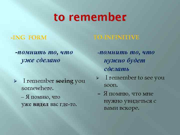to remember : -ING FORM -помнить то, что уже сделано Ø I remember seeing
