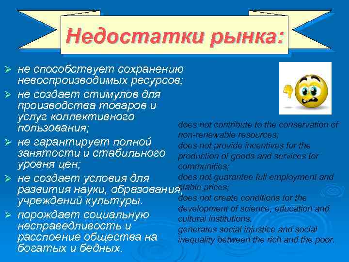 Недостатки рынка: Ø Ø Ø не способствует сохранению невоспроизводимых ресурсов; не создает стимулов для