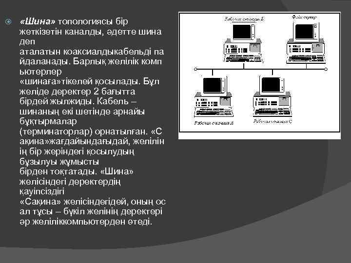  «Шина» топологиясы бір жеткізетін каналды, әдетте шина деп аталатын коаксиалдыкабельді па йдаланады. Барлық