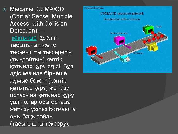  Мысалы, CSMA/CD (Carrier Sense, Multiple Access, with Collision Detection) — қақтығыс ізделіптабылатын және
