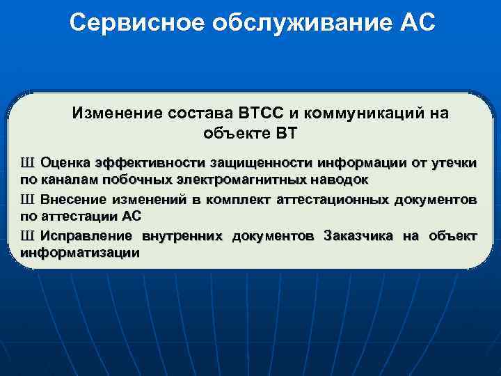 Сервисное обслуживание АС Изменение состава ВТСС и коммуникаций на объекте ВТ Ш Оценка эффективности