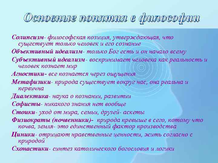 Основные понятия в философии Солипсизм- философская позиция, утверждающая, что существует только человек и его