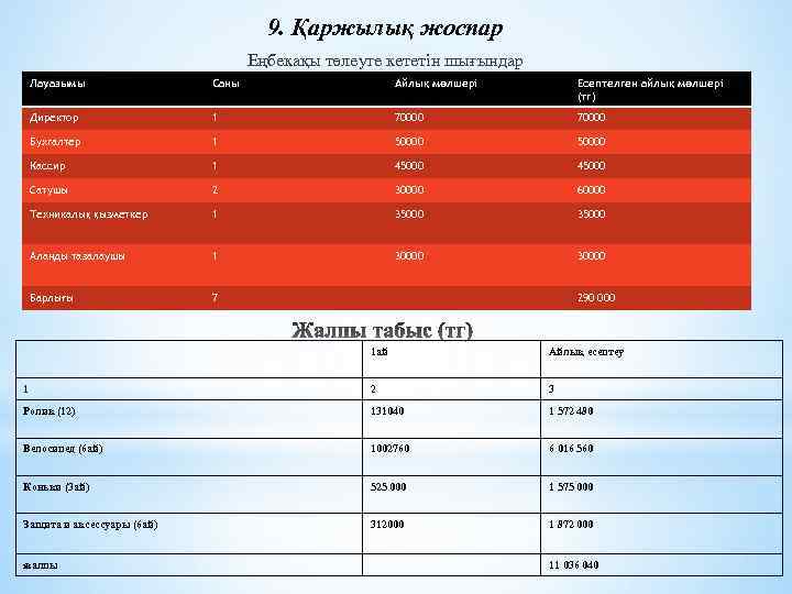 9. Қаржылық жоспар Еңбекақы төлеуге кететін шығындар Лауазымы Саны Айлық мөлшері Есептелген айлық мөлшері