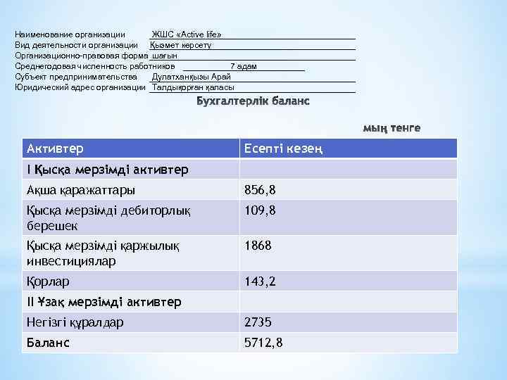 Наименование организации ЖШС «Active life» Вид деятельности организации Қызмет көрсету Организационно-правовая форма шағын Среднегодовая