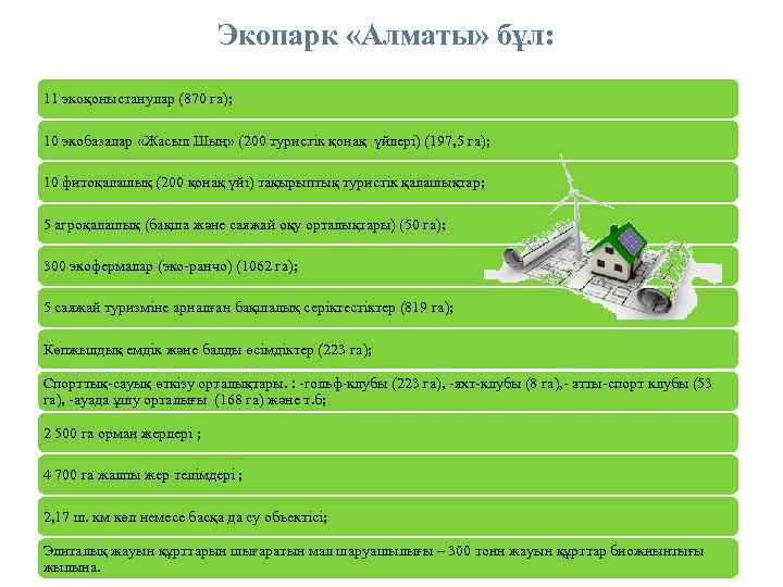 Экопарк «Алматы» бұл: 11 экоқоныстанулар (870 га); 10 экобазалар «Жасыл Шың» (200 туристік қонақ