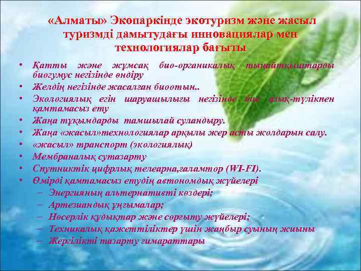  «Алматы» Экопаркінде экотуризм және жасыл туризмді дамытудағы инновациялар мен технологиялар бағыты • Қатты