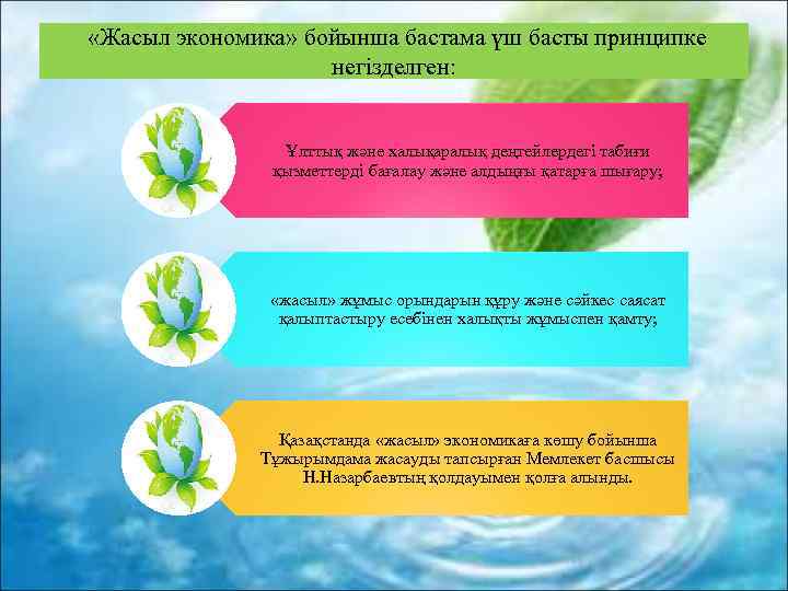  «Жасыл экономика» бойынша бастама үш басты принципке негізделген: Ұлттық және халықаралық деңгейлердегі табиғи