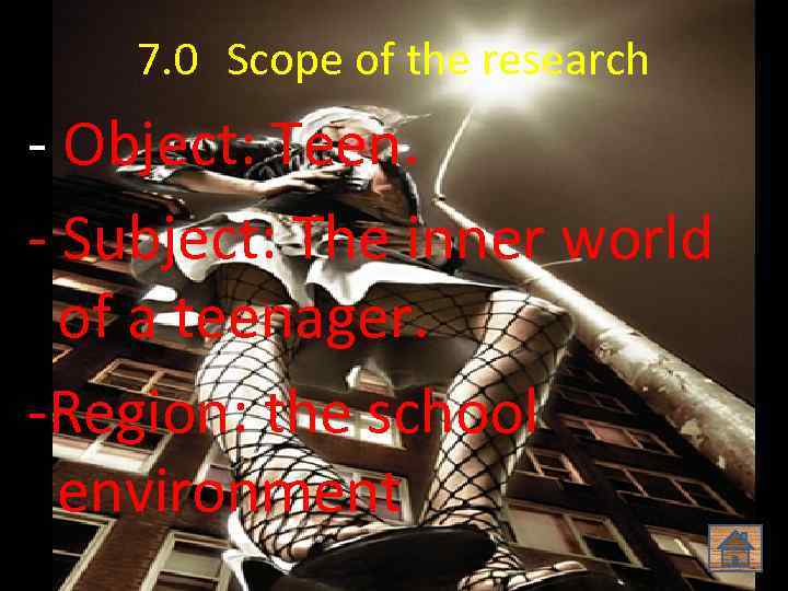 7. 0 Scope of the research - Object: Teen. - Subject: The inner world