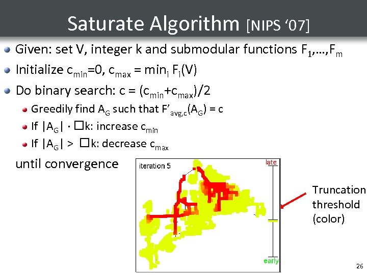 Saturate Algorithm [NIPS ‘ 07] Given: set V, integer k and submodular functions F