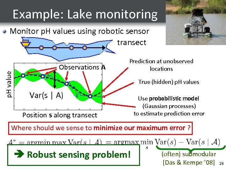 Example: Lake monitoring p. H value Monitor p. H values using robotic sensor transect