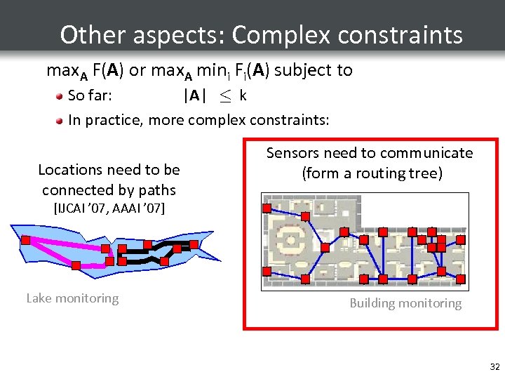 Other aspects: Complex constraints max. A F(A) or max. A mini Fi(A) subject to