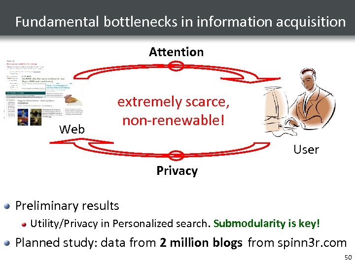 Fundamental bottlenecks in information acquisition Attention Web extremely scarce, non-renewable! User Privacy Preliminary results