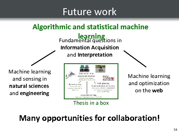 Future work Algorithmic and statistical machine learning Fundamental questions in Information Acquisition and Interpretation