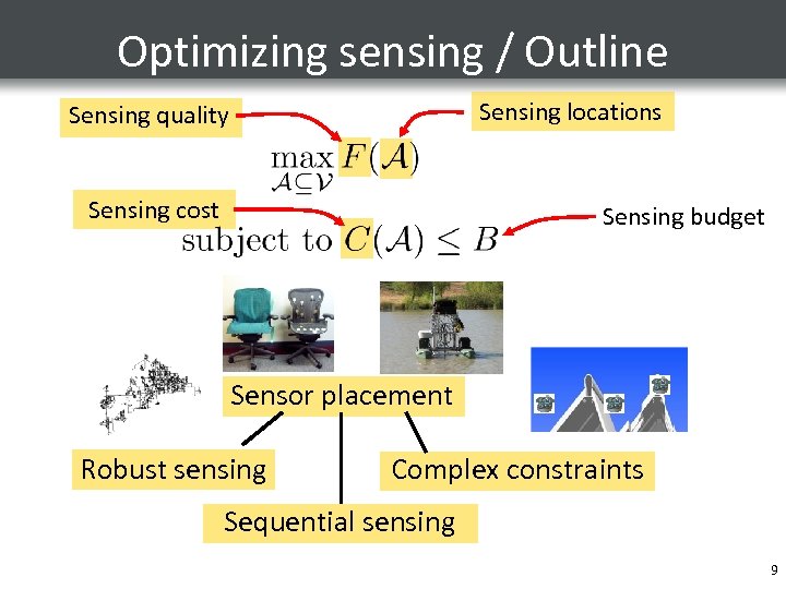 Optimizing sensing / Outline Sensing locations Sensing quality Sensing cost Sensing budget Sensor placement