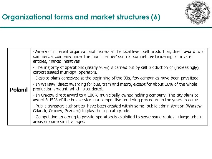 Organizational forms and market structures (6) Poland -Variety of different organisational models at the