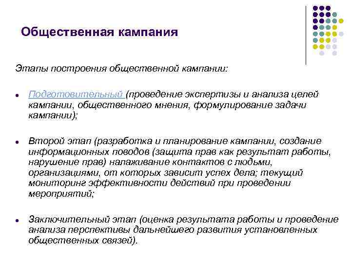 Общественная кампания Этапы построения общественной кампании: ● Подготовительный (проведение экспертизы и анализа целей кампании,