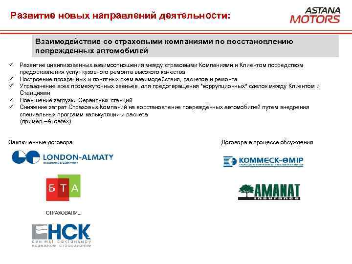 Развитие новых направлений деятельности: Взаимодействие со страховыми компаниями по восстановлению поврежденных автомобилей ü ü