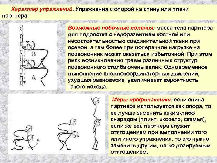 Характер упражнений. Упражнения с опорой на спину или плечи партнера. Возможные побочные явления: масса