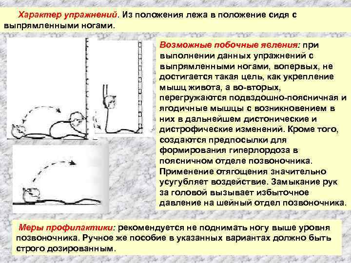 Характер упражнений. Из положения лежа в положение сидя с выпрямленными ногами. Возможные побочные явления: