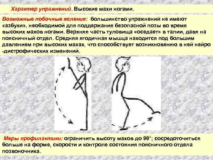 Характер упражнений. Высокие махи ногами. Возможные побочные явления: большинство упражнений не имеют «азбуки» ,