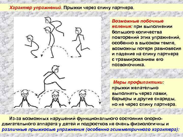 Характер упражнений. Прыжки через спину партнера. Возможные побочные явления: при выполнении большого количества повторений