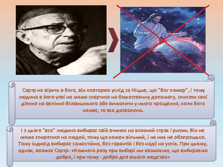  Сартр не вірить в Бога, він повторює услід за Ніцше, що "Бог помер",