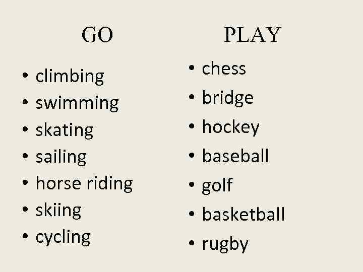 GO • • climbing swimming skating sailing horse riding skiing cycling PLAY • •