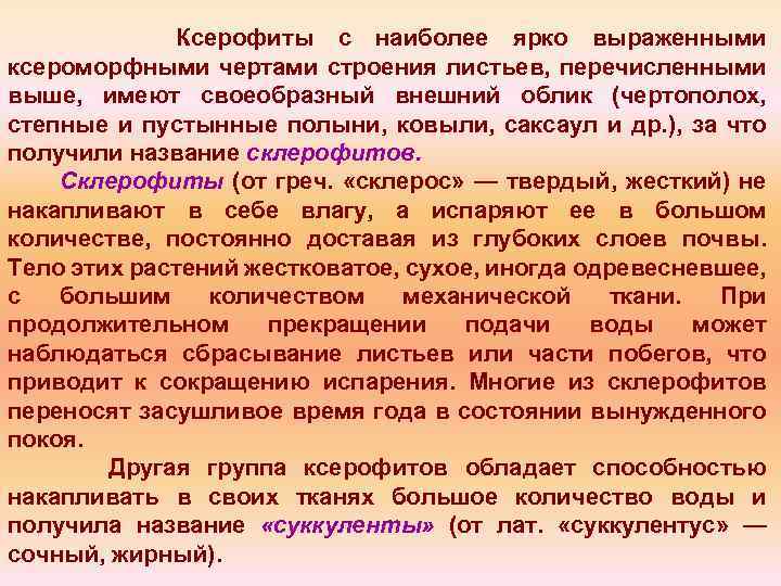 Ксерофиты с наиболее ярко выраженными ксероморфными чертами строения листьев, перечисленными выше, имеют своеобразный внешний