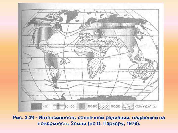 Рис. 3. 39 Интенсивность солнечной радиации, падающей на поверхность Земли (по В. Лархеру, 1978).