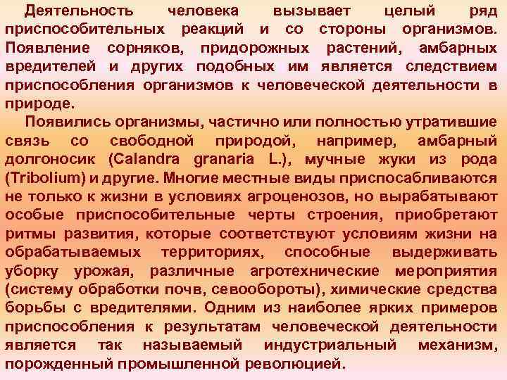 Деятельность человека вызывает целый ряд приспособительных реакций и со стороны организмов. Появление сорняков, придорожных