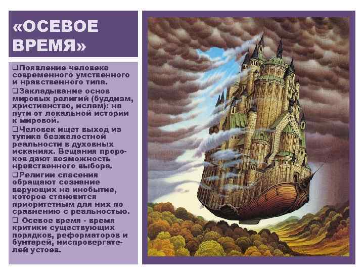  «ОСЕВОЕ ВРЕМЯ» q. Появление человека современного умственного и нравственного типа. q. Закладывание основ