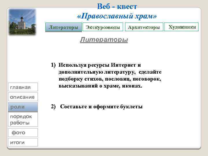 Веб - квест «Православный храм» Литераторы Экскурсоводы Архитекторы Литераторы главная 1) Используя ресурсы Интернет