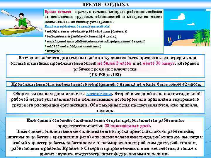 ВРЕМЯ ОТДЫХА Время отдыха - время, в течение которого работник свободен от исполнения трудовых