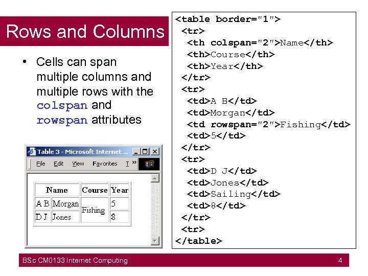 Rows and Columns • Cells can span multiple columns and multiple rows with the