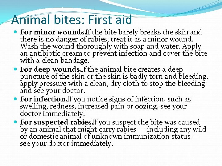 Animal bites: First aid For minor wounds. If the bite barely breaks the skin
