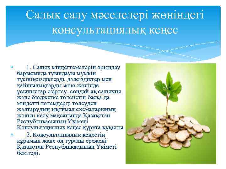 Салық салу мәселелері жөніндегі консультациялық кеңес 1. Салық міндеттемелерін орындау барысында туындауы мүмкін түсініксіздіктерді,