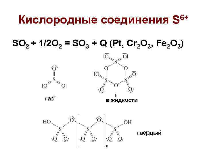 Кислородные соединения S 6+ SO 2 + 1/2 O 2 = SO 3 +