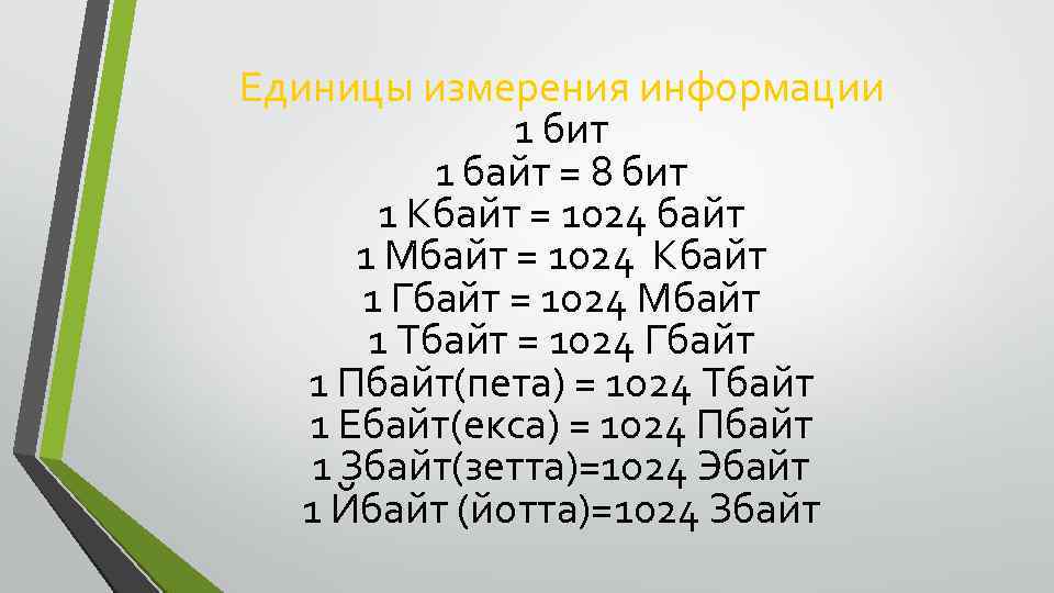 Единицы измерения информации 1 бит 1 байт = 8 бит 1 Кбайт = 1024