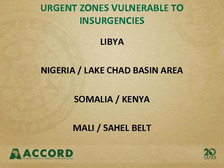URGENT ZONES VULNERABLE TO INSURGENCIES LIBYA NIGERIA / LAKE CHAD BASIN AREA SOMALIA /