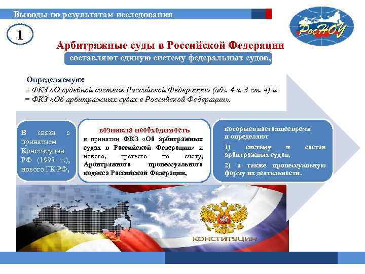 Выводы по результатам исследования 1 Арбитражные суды в Российской Федерации составляют единую систему федеральных